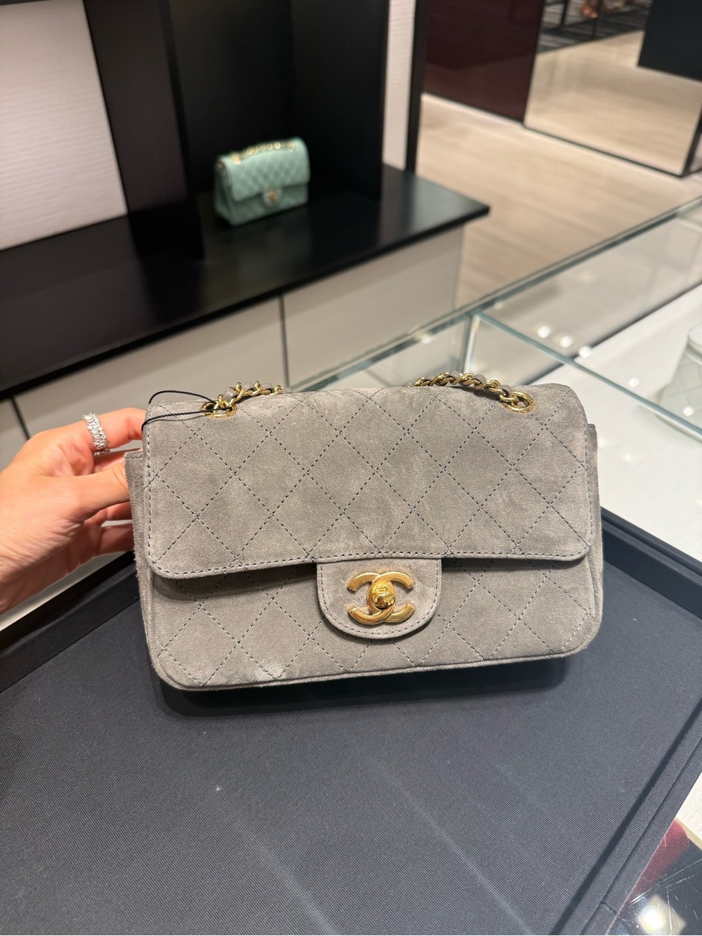 CHANEL Gray Quilted Suede Flap Bag with Gold Hardware